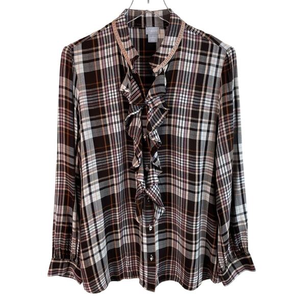 Chico’s Brown Plaid Ruffle Front Shirt Size Large - Picture 4 of 9